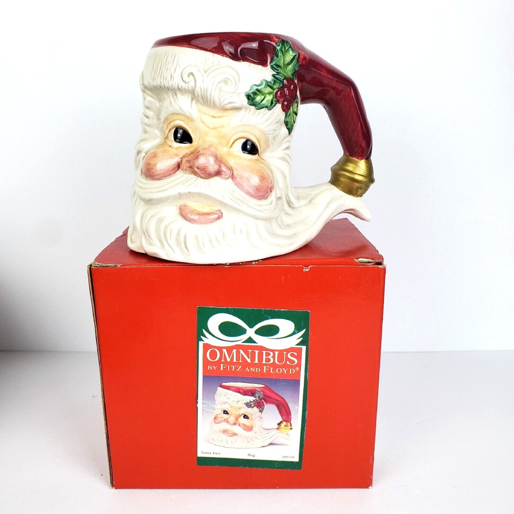 Omnibus By Fitz and Floyd Santa Face Red Hat Holly Handle Ceramic Mug Decor
